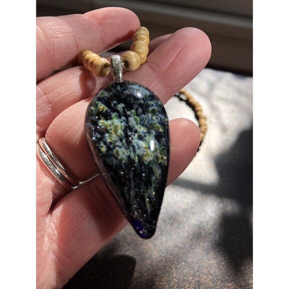 Boro Art Glass Pendant On 19" Wooden Bead Necklace Boho Style Artisan Made 2008 - Picture 7 of 14